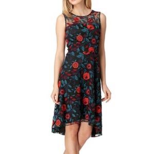 Tahari ASL Black/Orange/Blue Floral Lace Overlay High-low Sleeveless Dress